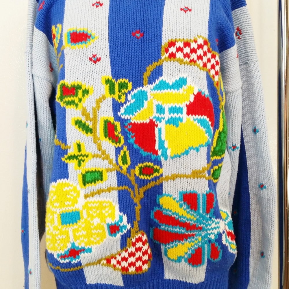 VTG 90s Graphic Sweater Floral Stripes Crew Neck M - Picture 5 of 8